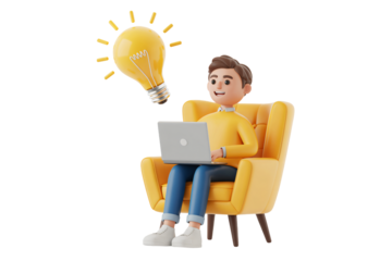 Creative entrepreneur brainstorming innovative ideas with laptop and lightbulb above, sparking inspiration for project success