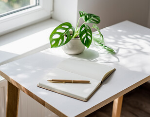 Bright minimalist workspace with an open notebook, gold pen, and potted monstera plant on a white wooden desk near a sunny window — calm Scandinavian design for eco, creative, and wellness concepts.