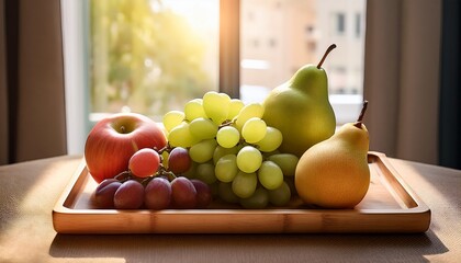 natural fruits pears grapes and apples on a wooden tray by the window with sunlight creating a cozy atmospheremperfect for cooking blogs healthy eating and home comfort