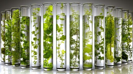 Experimenting with botanical growth in test tubes laboratory scientific imagery green environment close-up plant biology