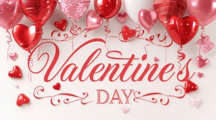 Share the love this Valentine's Day with a design featuring red heart balloons and swirling ribbons on a clean white background