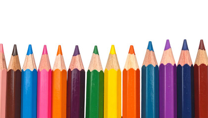 A line of sharp, colored pencils arranged across the bottom, set against a black backdrop