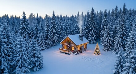 Dreamy winter cabin retreat with cozy Christmas lights and snowy forest landscape