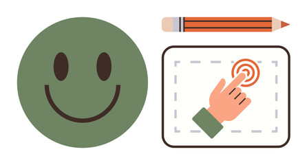 Green happy face, orange pencil, and hand tapping touch icon on tablet screen. Ideal for creativity, education, teamwork, user experience, communication learning and digital solutions. Simple flat