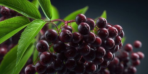 Close-Up of Fresh Black Elderberries with Green Leaves on Transparent Background