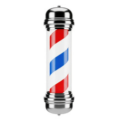 Classic barber pole with red blue and white stripes chrome accents studio lighting