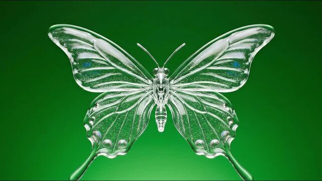 Transparent glass butterfly flapping wings centered on green screen background