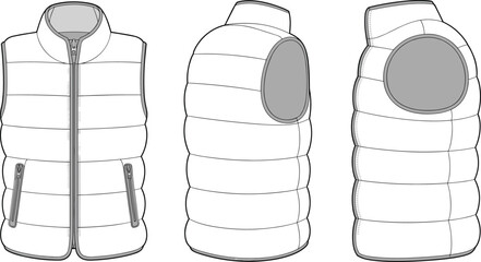 Puffer vest technical flat illustration, sleeveless quilted jacket design template, front and side view garment sketch for apparel design