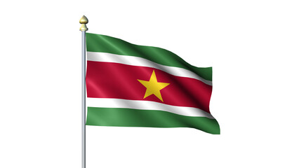 Suriname national Waving flag with flagpole on transparent background