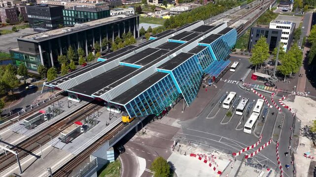 Lelystad, Flevoland, Netherlands - September 8, 2025; National Monument Station Lelystad Centrum (1988) from the air