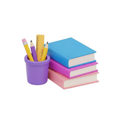 Stack of colorful books and school supplies in a purple cup for learning and education