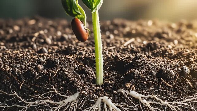 Time-lapse of a bean sprout growing from seed to young plant with visible roots in fertile soil.