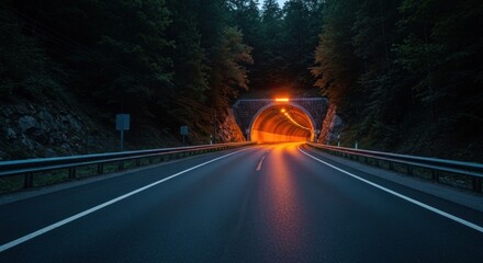 Open road leads to a glowing tunnel entrance surrounded by dark forest