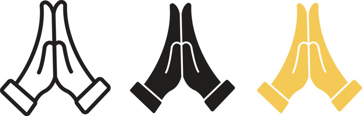 Folded hands gesture icon set. Collection of respect, worship, and meditation hand icons for graphic design, isolated on transparent background. Praying or namaste gesture symbol vector illustration.