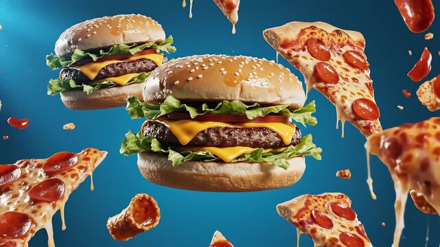 Dynamic Explosion of Delicious Hamburgers and Pepperoni Pizza Slices.