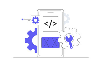 Setting up applications on a mobile phone, adjustment or maintenance app. Download configuration and install on phone. Flat Cartoon Vector Illustration, icon Stylish abstract design landing page web