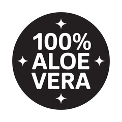 Black circle emblem with white text 100 percent aloe vera and stars