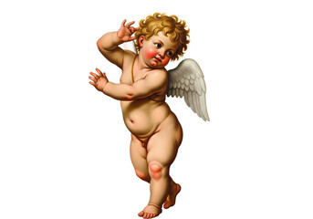 A classical painting of a cherub with small wings and curly blond hair on a white background.