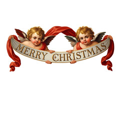 Two cherubs holding a banner that says Merry Christmas, with a red ribbon draped above them.