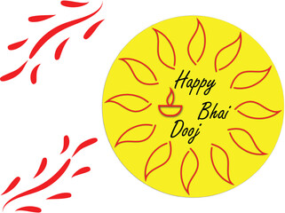 Happy Bhai Dooj greeting card, yellow background design, red leaf pattern with Diya illustration