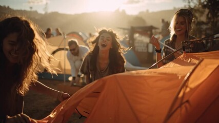 Friends Setting Up Tent at Summer Music Festival Campsite