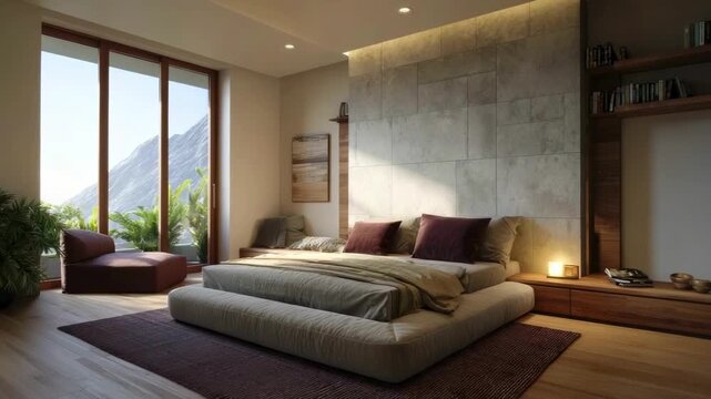 A modern bedroom interior with a large bed stone accent wall wooden shelves a window with mountain view an armchair and a bedside table lamp