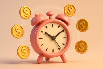 Pink alarm clock surrounded by floating gold coins on soft gradient background