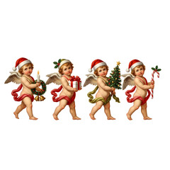 Four vintage cherubs wearing Santa hats, each carrying a different Christmas item like a candle, gift, tree, and candy cane, walking in a festive procession.