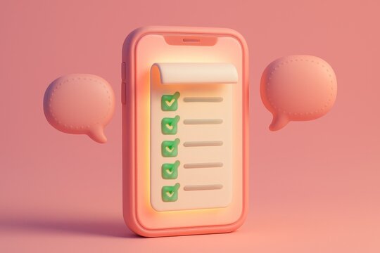 Pink smartphone displays completed checklist with chat bubbles