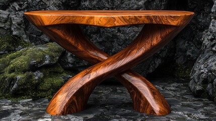Polished wooden table with intertwined sculptural legs on rocky terrain