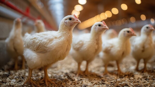 Flock of Young White Chickens Indoors