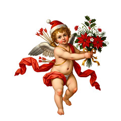 A cherubic cupid wearing a Santa hat holds a bouquet of poinsettias and holly, with arrows in his quiver.