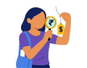 Woman comparing price tag with rupee and dollar symbols using magnifying glass. Exchange rate, price comparison, budgeting and currency buying decision concept.