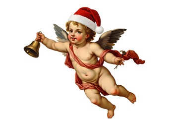 Christmas angel with wings and a Santa hat ringing a bell.