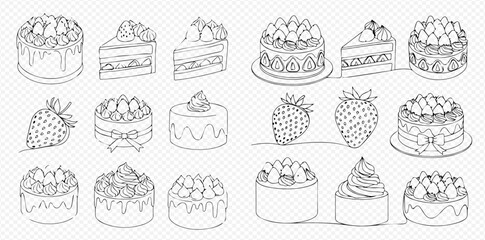 Hand-drawn sketch collection of various strawberry cakes, cake slices, and fresh strawberries in black and white line art style.