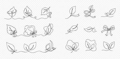 A collection of continuous line art illustrations featuring leaves and decorative bows, suitable for design elements.