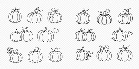 A collection of outline drawings featuring various pumpkins with decorative elements like leaves, vines, bows, and hearts.