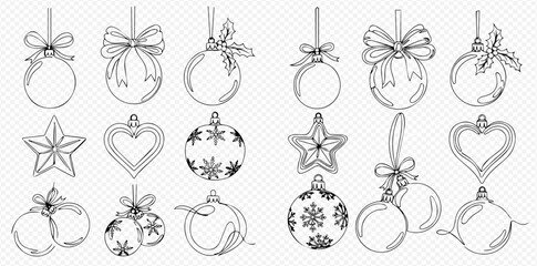Hand-drawn collection of festive Christmas ornaments including baubles, stars, and hearts with bows and snowflake patterns in line art style.