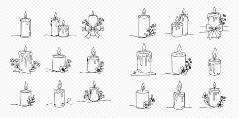 Collection of continuous line art drawings featuring various candles, some decorated with flowers and dripping wax.