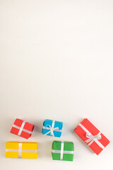 Gift boxes and colorful present for christmas on isolated white background. Top view with copy space.