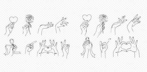 Elegant continuous line art illustrations of hands making various gestures, holding a heart and a rose, on a transparent background.