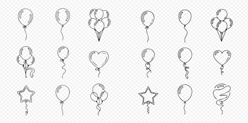 Set of hand-drawn outline balloons in various shapes like oval, heart, and star, with strings, perfect for celebrations, parties, and graphic design elements.