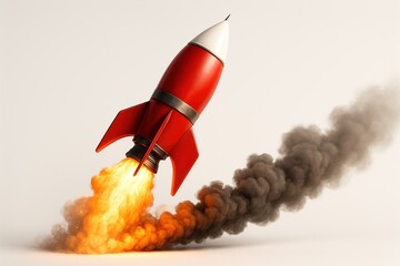 Retro rocket launches, trailing fire and smoke, against a neutral background