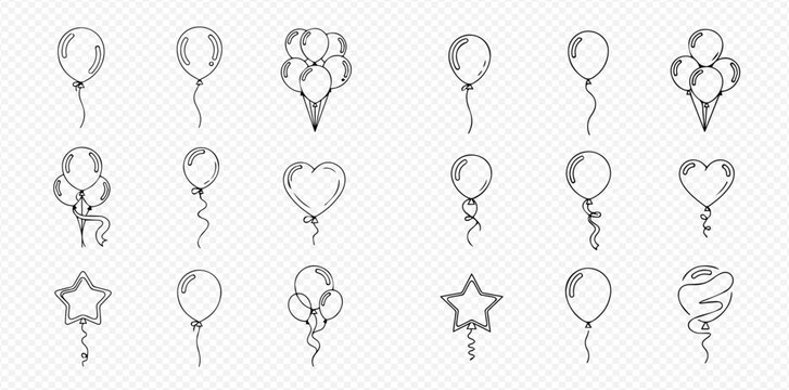 Set of hand-drawn outline balloons in various shapes like oval, heart, and star, with strings, perfect for celebrations, parties, and graphic design elements.