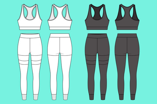 Women's Racerback Sports Bra and Panel Detail Legging Fashion Athletic Wear Set Apparel Technical Flat Sketch.