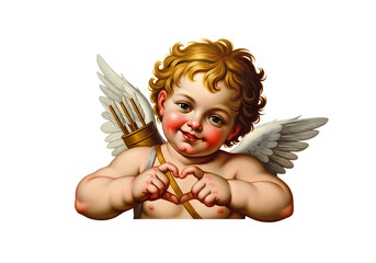 A cherubic cupid with golden curly hair and rosy cheeks forms a heart shape with his hands.