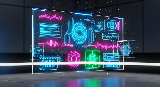 Futuristic Holographic Interface Displaying Complex Data and Analytics.