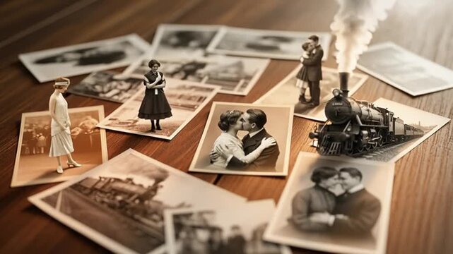 Vintage photographs and figures on wooden table