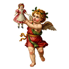 A cherubic angel with wings, wearing a red robe, holding a doll, a vintage Christmas illustration.