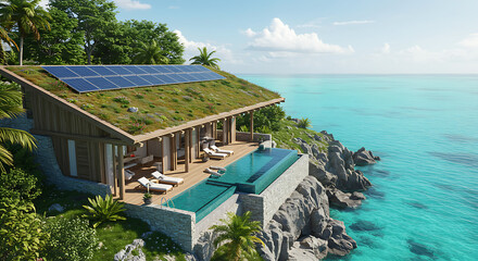 Fototapeta premium Ecofriendly villa with infinity pool and solar panels overlooking ocean